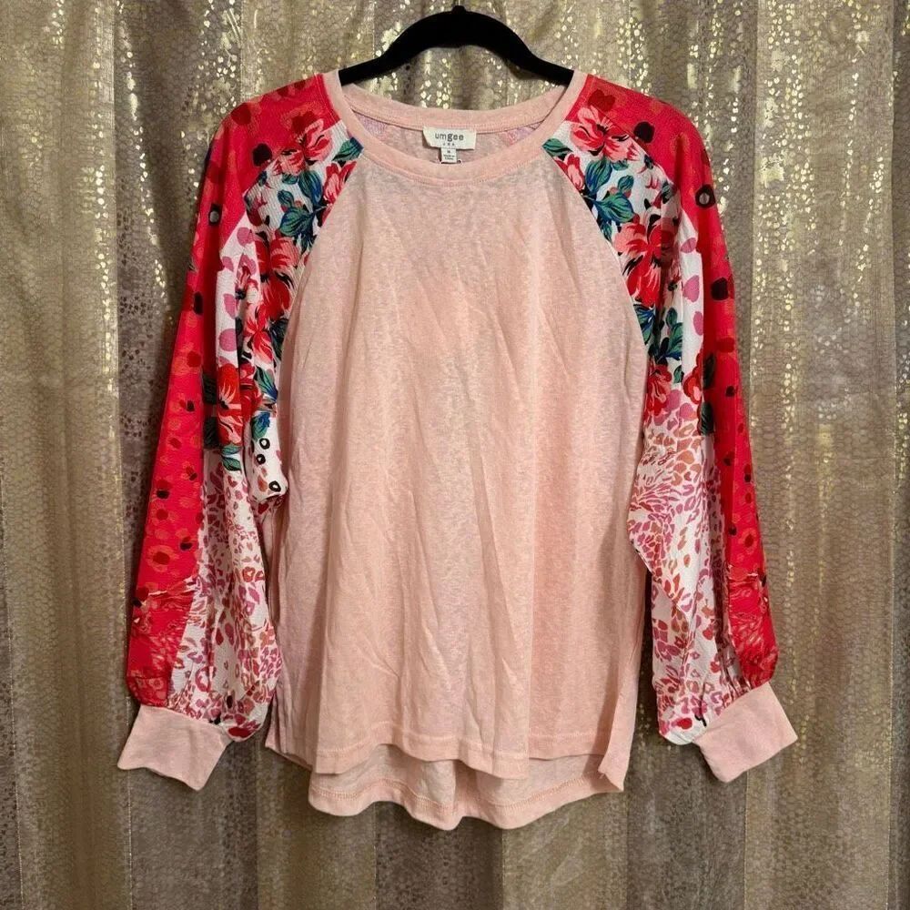 Umgee Pink Spring Blouson Long Sleeve Linen Blend Blouse M NWT